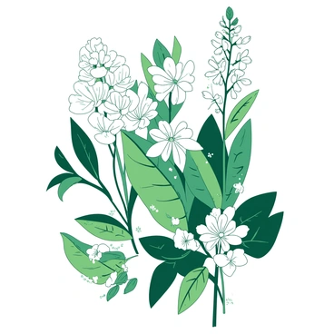 A detailed ink illustration features a variety of leaves in different shapes and sizes, showcasing intricate veins and textures. Among the leaves, there are several types of flowers with diverse petal formations and varying heights. Each flower is depicted with precise shading to highlight its structural details. The arrangement is balanced, with some leaves overlapping others to create depth in the composition. The background is left blank to emphasize the botanical elements, allowing the viewer to focus on the delicate intricacies of each leaf and flower.