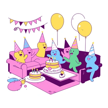 A group of colorful open peeps are gathered in a cozy living room, celebrating a birthday. Some peeps are wearing festive party hats, while others are holding bright yellow balloons that float above them. In the center of the scene, there is a large, round cake with colorful frosting and lit candles. The peeps are laughing and enjoying each other's company, with a few of them playfully reaching toward the cake. Decorative streamers and more balloons in the background enhance the cheerful atmosphere of the celebration.