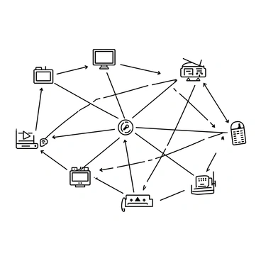 A complex network of thin wires is intricately woven together, connecting various representations of news sources. Each news source is depicted as a small, detailed icon, such as a newspaper, a television, and a radio. The wires branch out in multiple directions, creating a web-like structure. Some of the wires are thicker than others, suggesting a stronger connection. Scattered throughout the network are symbols indicating biased information, such as arrows pointing in different directions. The overall composition represents the flow and interaction of information within the network, emphasizing the connections and discrepancies among the sources.