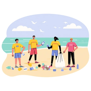A group of volunteers wearing colorful t-shirts is collecting trash on a sunny beach. Some volunteers are picking up plastic bottles while others are using gloves to gather various pieces of litter. The beach has soft golden sand with gentle waves lapping at the shore. In the background, a clear blue sky is filled with a few fluffy white clouds. The ocean is a vibrant turquoise color, and seagulls can be seen flying above. A large, filled trash bag is positioned near the volunteers, highlighting their efforts to prevent ocean pollution.