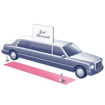 A sleek limousine with a polished exterior is parked next to a bright red carpet. The car features elongated lines and spacious windows, highlighting its luxurious design. A decorative "Just Married" sign is prominently displayed on the back, adding a festive touch. The red carpet is rolled out, leading towards an entrance, and it is bordered by small decorative elements that enhance the setting. The scene suggests a celebratory atmosphere, perfect for a wedding event.