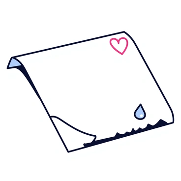 An opened letter lying flat on a surface. The letter has neat handwriting and features a heart drawing in red ink. A single tear drop is resting on the paper, glistening slightly as it reflects light. The edges of the letter are slightly frayed, adding a touch of softness to the overall scene.