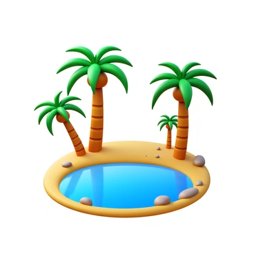 A desert oasis featuring several tall palm trees with lush green fronds. The clear blue pond is surrounded by soft sand and small rocks. The water reflects the vibrant blue sky above, creating a serene atmosphere. A few small stones are scattered around the pond's edge, and the palm trees cast gentle shadows on the ground.