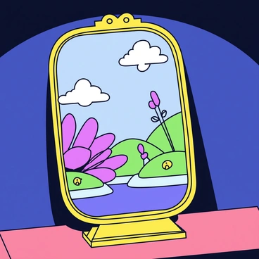 An antique mirror with an ornate golden frame stands upright on a wooden table. The glass surface of the mirror shows a reflection of a strange world, featuring unusual landscapes with floating islands and vibrant, oversized flowers. The colors in the reflection are vivid and surreal, including shades of purple and green. The surrounding room is dimly lit, creating a contrasting atmosphere to the bright and fantastical scene in the mirror.