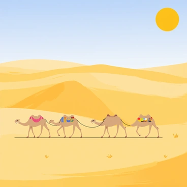 A caravan of camels walking in single file across a vast expanse of golden sand dunes. The camels have light brown fur and are adorned with colorful decorative saddles. The sun is high in the bright blue sky, casting strong shadows on the sand. The dunes create undulating patterns, and occasional tufts of sparse vegetation dot the landscape. The scene conveys the heat of the desert, with shimmering heat waves rising from the ground.