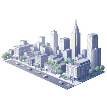 A before-and-after illustration depicting a cityscape. The left side shows an older version of the city, featuring low-rise buildings, narrow streets, and vintage cars parked along the road. There are a few trees scattered among the buildings, and the sky is clear, suggesting a sunny day. The right side displays the transformed city, characterized by modern skyscrapers, wider streets filled with contemporary vehicles, and vibrant public spaces. There are more trees and green areas integrated into the urban setting, with people walking and engaging in various activities. The contrast between the two sides highlights the evolution of the city's architecture and infrastructure over decades.