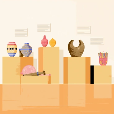 An array of ancient Sahelian artifacts arranged on wooden display cases in a museum setting. The artifacts include intricately designed pottery with geometric patterns, old bronze tools with a weathered surface, and traditional textiles with vibrant colors and intricate weavings. Soft lighting highlights the details of each piece, creating shadows that enhance their textures. The background features light-colored walls adorned with informational plaques next to the artifacts. A polished wooden floor reflects the artifacts, adding to the overall presentation of the museum display.