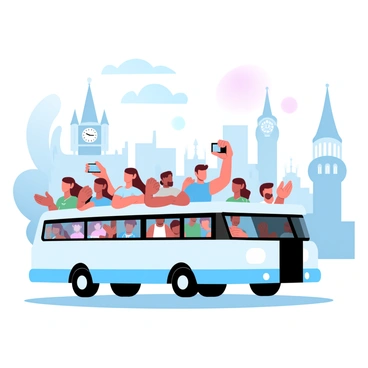 A group of tourists is gathered on the upper deck of a modern open-top bus. They are holding cameras and smartphones, actively capturing images of notable city landmarks. The bus is surrounded by a vibrant cityscape featuring tall buildings and unique architectural designs. In the background, recognizable landmarks such as a historic clock tower and a large statue are visible. The sun is shining brightly, casting light on the scene, creating a lively atmosphere.