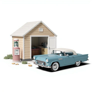 A small garage with a weathered wooden exterior, featuring a slightly open door revealing tools and equipment inside. Next to the garage stands a vintage petrol pump, painted in bright red and white, with a glass top showcasing the fuel inside. A classic car, a 1960s model with a glossy blue finish, is parked in front of the garage. The car has chrome accents and whitewall tires, reflecting the sunlight. In the background, the scene is framed by green grass and a few scattered autumn leaves.