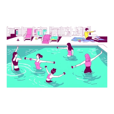 A teal swimming pool is filled with participants engaged in an aqua aerobics class. The individuals are wearing colorful swimsuits, some in pink and others in yellow, and they are performing various movements in the water. Several participants are using aqua dumbbells, while others are stretching their arms and legs. The sunlight is shining down, creating reflections on the water’s surface. In the background, there are poolside chairs and colorful beach towels laid out, enhancing the lively atmosphere of the class.