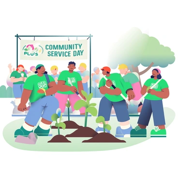 A group of Sanchay Plus volunteers is actively planting young trees in a community park. They are wearing matching green t-shirts with the "Sanchay Plus" logo on them. Each volunteer is equipped with gardening tools, such as shovels and watering cans. In the background, there is a small crowd of local residents observing and cheering them on. Some volunteers are digging holes in the soil, while others are placing the trees into the ground. Sunlight filters through the leaves, casting dappled shadows on the grassy area where they are working. A banner with the words "Community Service Day" is visible, hanging from a nearby fence. The scene conveys a sense of teamwork and dedication to improving the environment.
