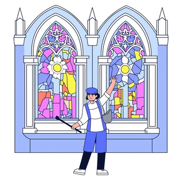 A servant is cleaning large stained glass windows in a grand cathedral. The windows feature intricate designs with vibrant colors depicting religious scenes. Sunlight filters through the glass, casting colorful patterns on the stone floor. The servant is using a cloth and a long-handled tool to reach the upper sections of the windows. The cathedral's high vaulted ceilings and ornate architectural details surround the scene, creating a sense of majesty. The servant wears a simple but neat uniform as they focus on their task.
