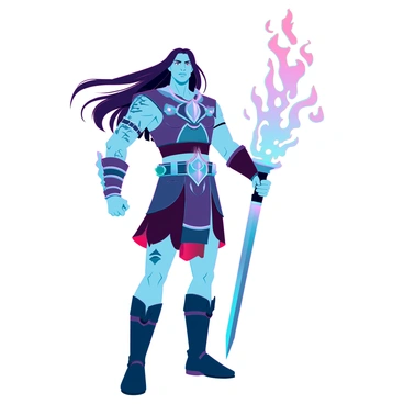 A powerful warrior with a muscular build and battle-scarred skin stands confidently. He has intense, focused eyes and long, flowing hair that billows behind him. He is wearing intricately designed armor with metallic accents and tribal patterns. In his right hand, he wields a sword with flames streaming from the blade, illuminating the surrounding area with a fiery glow. The flames flicker and dance, creating a dynamic and captivating effect. The warrior's left hand is positioned as if ready to strike, emphasizing his readiness for battle.