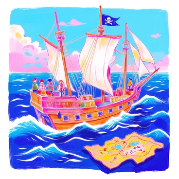 A pirate ship set on the high seas with crew members hoisting the sails and a treasure map on deck