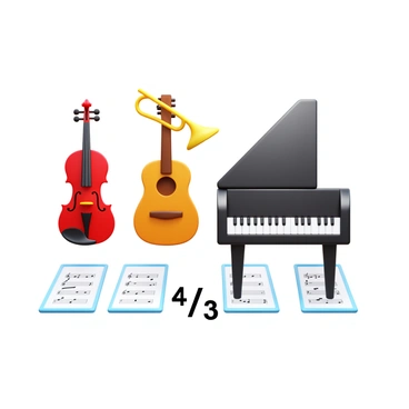 A display of four distinct musical instruments arranged neatly. The instruments include a violin, a trumpet, a guitar, and a piano. Three music sheets are positioned in front of the instruments, each displaying various musical notations. The fraction "4/3" is prominently featured, symbolizing the relationship between the four instruments and the three music sheets. The arrangement is clear and well-defined, highlighting the instruments and sheets effectively.