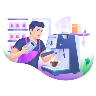 A modern pastel illustration depicting a barista with a focused expression, standing in front of a sleek espresso machine. The barista holds a shiny portafilter in one hand, while the other hand is expertly adjusting the settings on the machine. The background features shelves filled with coffee bags and various brewing tools. A steaming cup of espresso sits on the counter, and soft light illuminates the scene, highlighting the barista's concentration and the rich colors of the coffee.