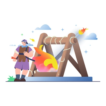 A wooden catapult is positioned in the center of the scene, facing forward. The structure is sturdy, with thick beams and rope twisted tightly around its frame. A large flaming projectile, resembling a fireball, is cradled in the launch pouch, glowing with intense orange and yellow flames. The surroundings are slightly darkened, emphasizing the brightness of the fire. To the side, a figure in medieval attire, wearing a leather tunic and a helmet, is pulling down on the release lever, preparing for launch. Smoke billows up from the flaming projectile, creating a dramatic effect. In the background, a night sky is visible, dotted with stars.