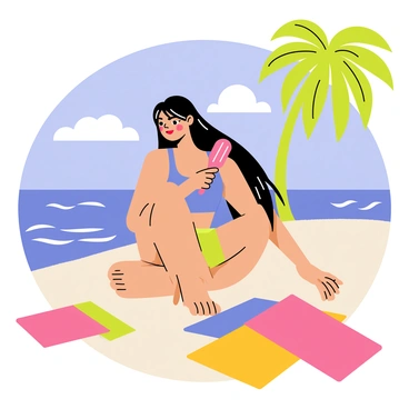 A person with long, wet hair is brushing through their hair with a pink hairbrush. They are sitting on a sandy beach with light beige sand. In the background, there are tall, green palm trees swaying gently in the breeze. The sky is bright blue with a few fluffy white clouds scattered throughout. The waves of the ocean are visible, gently lapping at the shore. Brightly colored beach towels are spread out around the person.