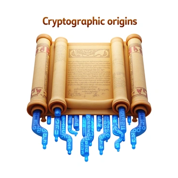 A collection of ancient scrolls partially unrolled, revealing intricate, handwritten symbols and illustrations. Surrounding the scrolls, streams of glowing digital code in a vibrant blue color cascade downward, intertwining with the edges of the scrolls. The scrolls are made of aged parchment, showing signs of wear and tear, with ornate details and faded ink. The digital code contrasts sharply with the textured, organic surfaces of the scrolls, creating a visual juxtaposition that symbolizes the merging of ancient knowledge and modern technology. "Cryptographic origins" is inscribed in a bold, contemporary font above the scrolls.