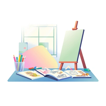 An artist's desk is filled with a variety of colorful markers scattered across the surface. There are several open sketchbooks displaying intricate sketches, with some pages filled with pencil drawings and others adorned with vibrant ink illustrations. A collection of drawing tools, including pencils, erasers, and a ruler, is organized in a small, transparent container on one side of the desk. In the background, there is a wooden easel holding an unfinished canvas, and soft natural light streams in from a nearby window, casting gentle shadows across the workspace.