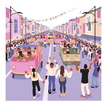 A busy street filled with cheering crowds during a vibrant festival. Colorful floats with intricate designs and decorations are being showcased. Each float features performers in bright costumes, dancing and celebrating. Some performers are wearing feathered headdresses, while others are dressed in shimmering outfits adorned with sequins. The background is filled with flags and banners, adding to the festive atmosphere. People in the crowd are waving and taking photos, creating a lively and energetic scene.