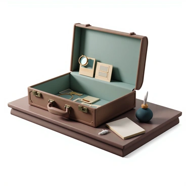 A vintage detective's briefcase, made of weathered brown leather, is resting on a wooden desk. The briefcase is slightly open, showcasing its interior lined with faded green fabric. Inside, there is a polished magnifying glass with a brass handle, sitting next to a stack of curled old photos with yellowed edges. The desk is cluttered with other detective paraphernalia, including an ink bottle, a quill, and a small notebook, all resting on the smooth surface. A dim light casts soft shadows, emphasizing the aged texture of the briefcase and the nostalgic items within.
