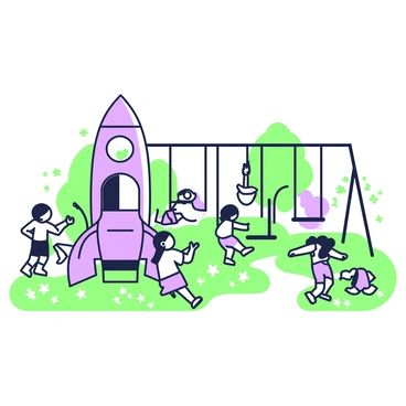 A children's playground with rocket-shaped slides and swings, set in a colorful park environment.