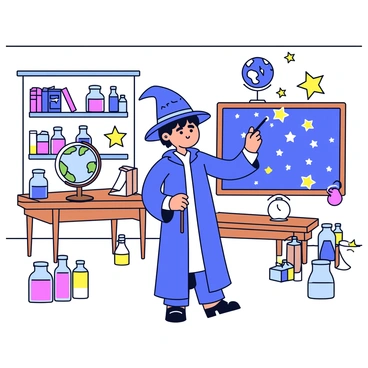 A young wizard wearing a blue robe and a pointed hat stands in a classroom. The wizard holds a wand and is in the midst of casting a spell, indicated by sparkling stars and a trail of light emerging from the wand. The classroom is filled with various magical artifacts, including a glowing crystal ball on a wooden table, shelves lined with ancient books, and a globe that shows fantasy landscapes. There are colorful potions in glass bottles scattered around the room, and a large chalkboard covered in arcane symbols.