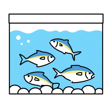 A large aquarium tank with transparent glass, showcasing the vibrant colors of the water. Inside, several tuna fish are swimming gracefully, their streamlined bodies glistening under the light. The tuna fish have shiny blue and silver scales, with distinct yellow stripes along their sides. The tank is filled with clear water, and the bottom is adorned with smooth pebbles, creating a natural habitat for the fish.