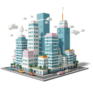 A vibrant cityscape filled with tall skyscrapers, each displaying unique blocky designs typical of Minecraft. The streets are busy with pixelated cars of various colors moving along, and blocky pedestrians walking on the sidewalks. Some skyscrapers have pixelated trees and green spaces surrounding them, while others feature large glass windows reflecting the sunlight. The sky is a bright blue with a few blocky clouds scattered throughout.