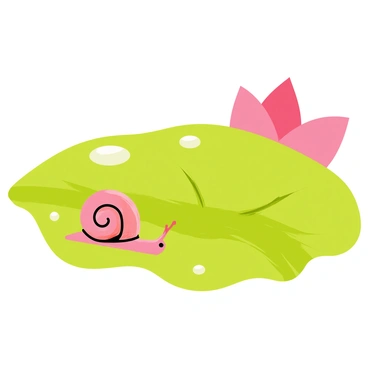 A small snail with a shiny, spiraled shell is slowly moving across a vibrant green lotus leaf. The leaf has large, smooth droplets of water glistening on its surface, reflecting light. In the background, delicate pink lotus flowers bloom, adding color and contrast to the scene. The snail leaves a slimy trail behind it as it navigates over the textured surface of the leaf.