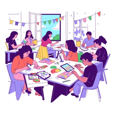 A group of diverse attendees at a creative workshop are seated at individual tables, each focused on their projects. Each table features a variety of art supplies, including vibrant paints, brushes, and sketchbooks. Some attendees are sketching designs, while others are painting on canvas. One participant is arranging colorful beads to create jewelry, and another is working on a digital tablet. The atmosphere is lively, with colorful decorations hanging overhead, and natural light streaming in from large windows. Each table is uniquely decorated, reflecting the individual creativity of the participants.