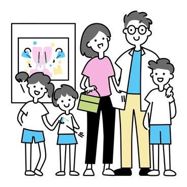 A family of four is standing together, smiling brightly in a dental clinic. The father is wearing a blue shirt with a white collar and beige pants, placing his arm around his wife who is wearing a pink blouse and dark jeans. The mother has shoulder-length brown hair and is holding a small green bag. Their two children, a boy and a girl, are beside them, both wearing matching white t-shirts and denim shorts. The boy has short hair and is grinning widely, while the girl, with pigtails, is holding a toothbrush. Standing next to them is their dentist, a middle-aged man in a white coat, wearing glasses and a friendly smile. The background features dental tools and a colorful mural on the wall depicting a healthy smile.