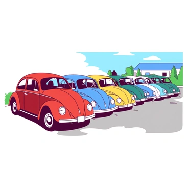 A row of VW Beetles in a variety of colors, creating a vibrant and lively scene. Each car is distinctively painted in different shades of colors such as red, blue, yellow, and teal. The Beetles are parked closely together, showcasing their round shapes and iconic designs with rounded headlights. The setting is bright and inviting, with sunlight reflecting off the glossy finishes of the cars. The background features a simple street scene with green grass and a clear blue sky.