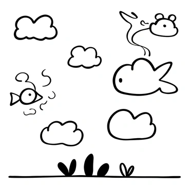 A sky filled with fluffy clouds, some shaped like various animals such as a rabbit, a fish, and a bear. Other clouds take the forms of abstract faces, with exaggerated features. Wisps of wind flow through the clouds, creating a sense of movement. Some leaves can be seen gently swaying in the breeze below. The overall atmosphere conveys a whimsical scene.