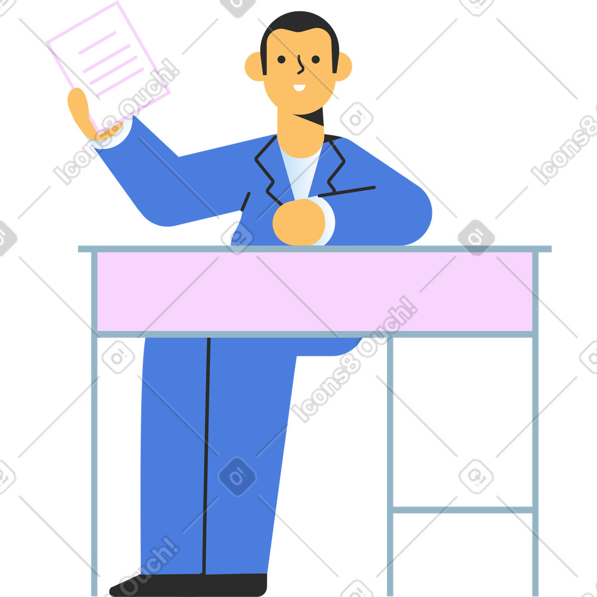 Man sitting near table with document illustration in Marginalia style download in PNG, SVG