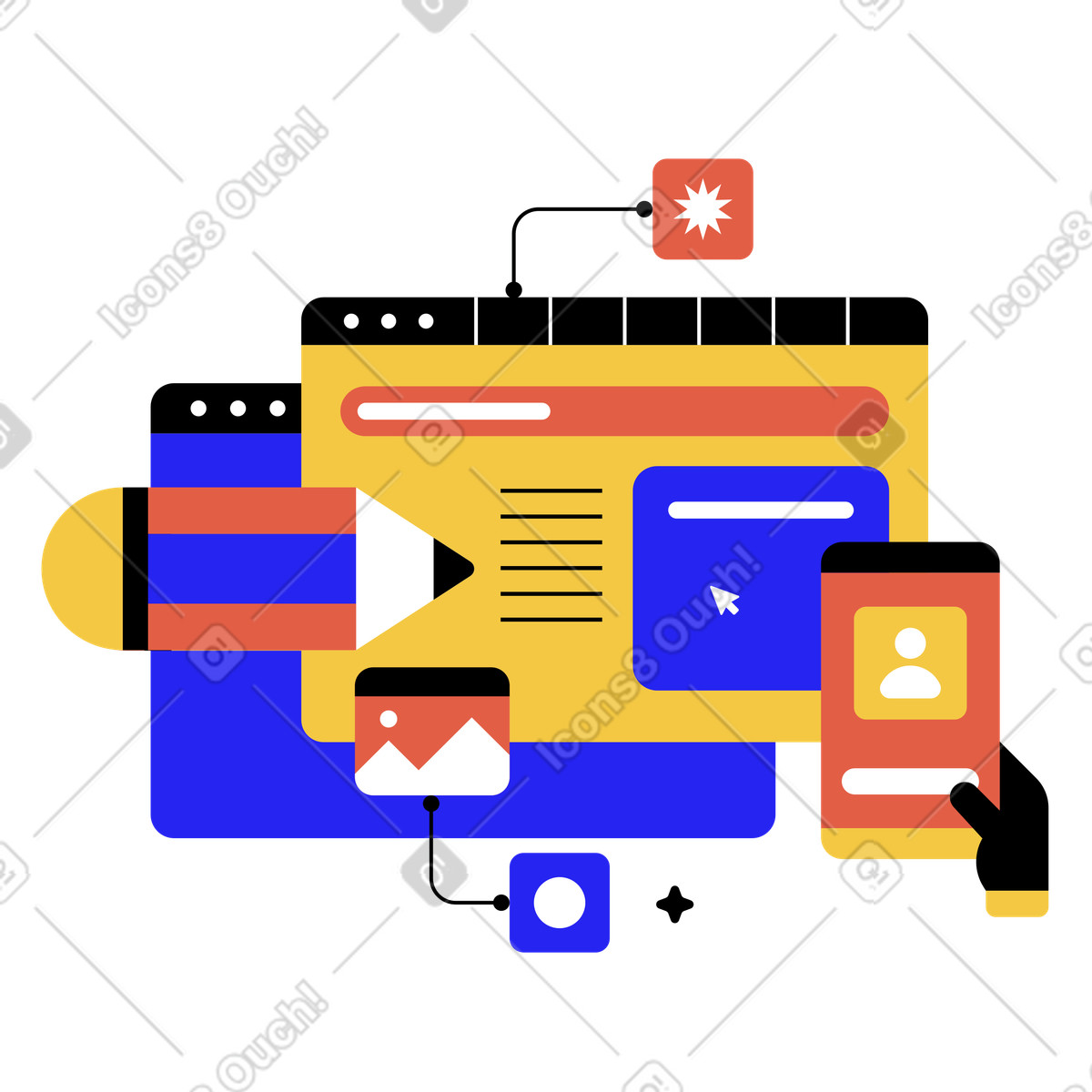 Prototipazione di siti web con elementi design e strumenti illustrazione in stile Flat scarica in PNG, SVG