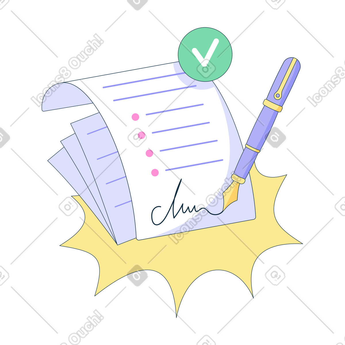 Contract signing with fountain pen, Legal agreement or business deal illustration in Bubble gum style download in PNG, SVG