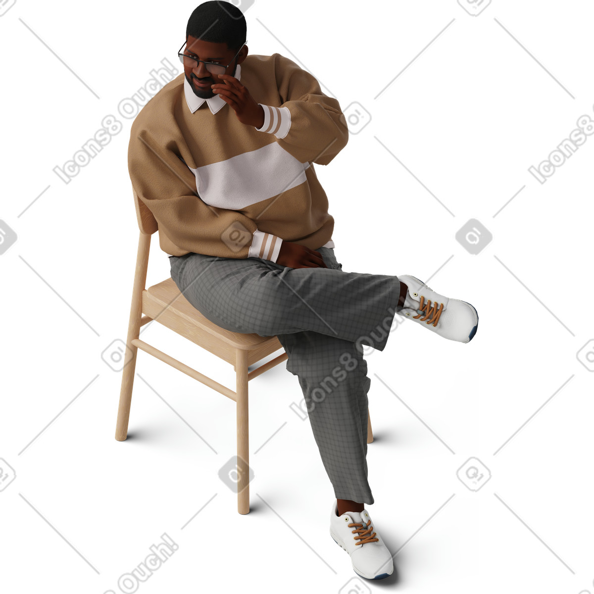 Isometric view of young man posing sitting on chair and fixing eyeglasses-Illustration im 3D Hygge-Stil als Download in PNG, SVG
