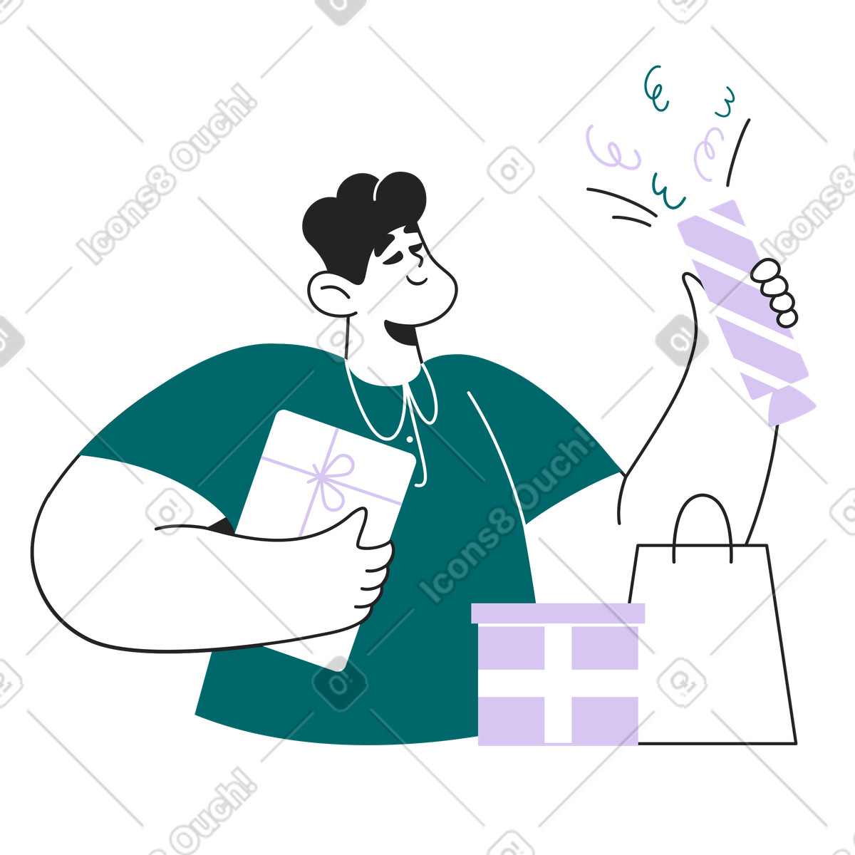 Sammy Line スタイルの Person receiving gifts and enjoying party, birthday celebration event のイラストをPNG、SVG形式でダウンロード