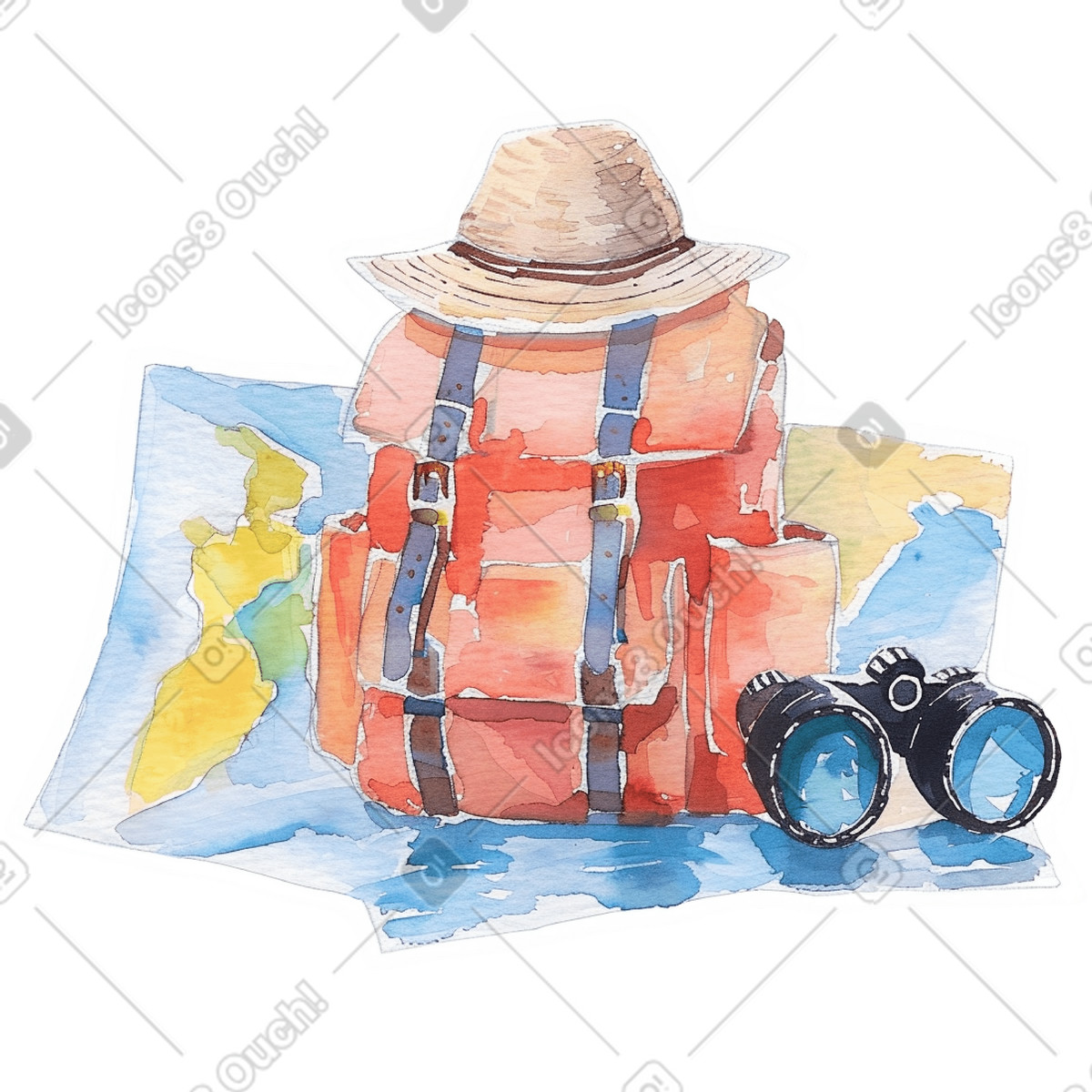 Ilustración Mochila de viaje con mapa y binoculares en estilo Watercolor a descargar en PNG SVG