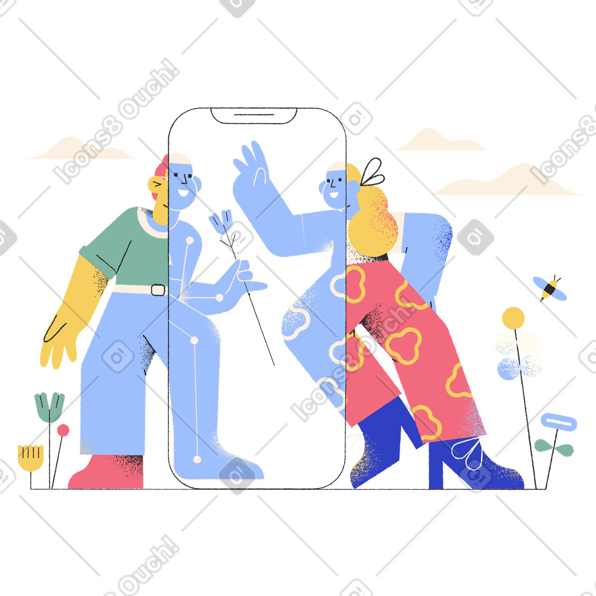 Illustration Une femme sort avec un robot ia en ligne dans le style Pablo à télécharger aux formats PNG, SVG