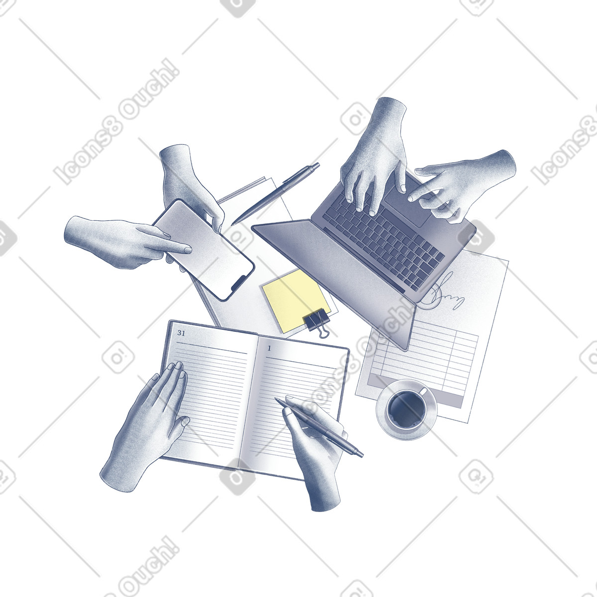 Haze スタイルの Top view of coworkers using devices and writing, Office meeting business planning のイラストをPNG、SVG形式でダウンロード