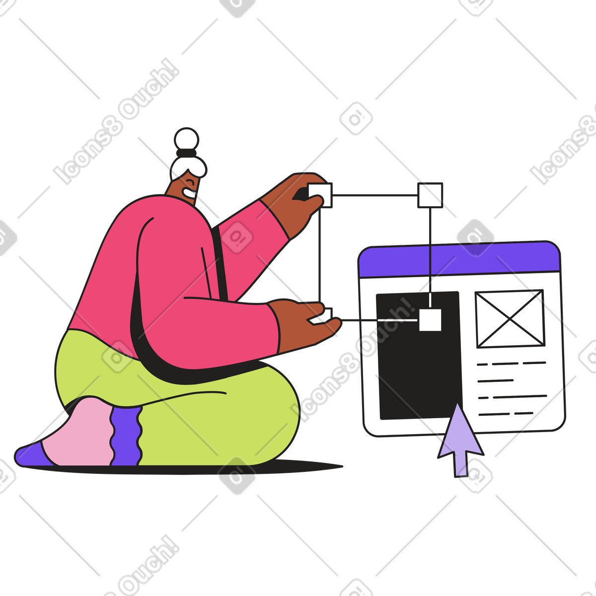 Woman designing a website animated illustration in Dazzle style download in GIF, Lottie (JSON), AE