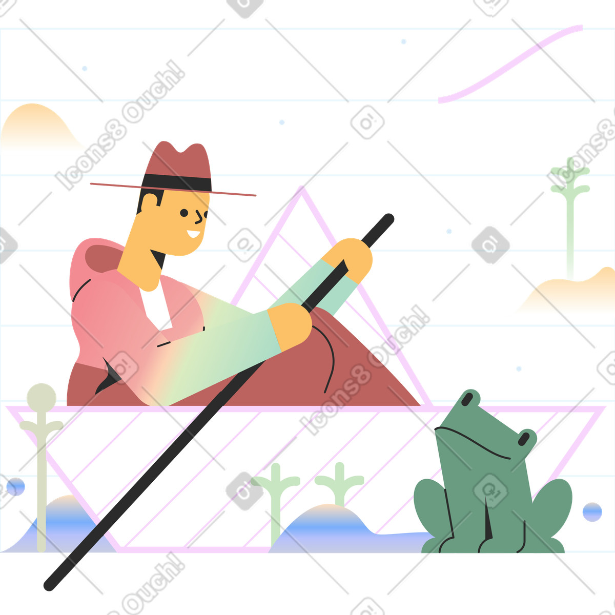 Ilustração de Homem em barquinho papel encontra um sapo no estilo Marginalia para baixar PNG, SVG