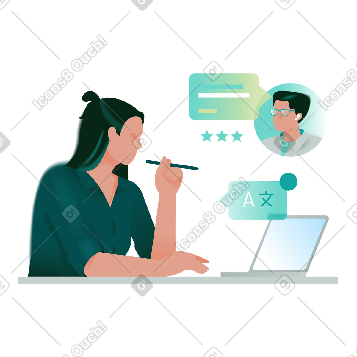 Student taking virtual language lesson, Distance education or remote study animated illustration in Office style download in GIF, Lottie (JSON), AE