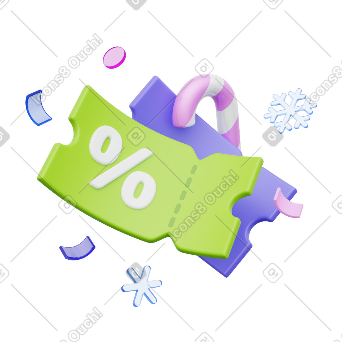 Buono sconto con bastoncino di zucchero e fiocco neve, promozione per lo shopping natalizio, promozioni natalizie festive illustrazione in stile 3D Playful scarica in PNG, SVG