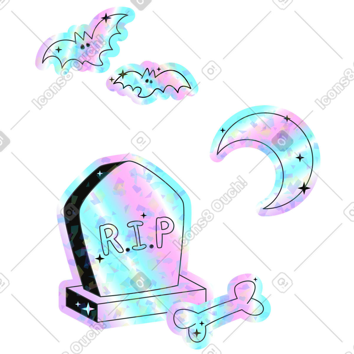 Ilustración Cementerio de halloween con murciélagos y media luna en estilo Holostickers a descargar en PNG SVG