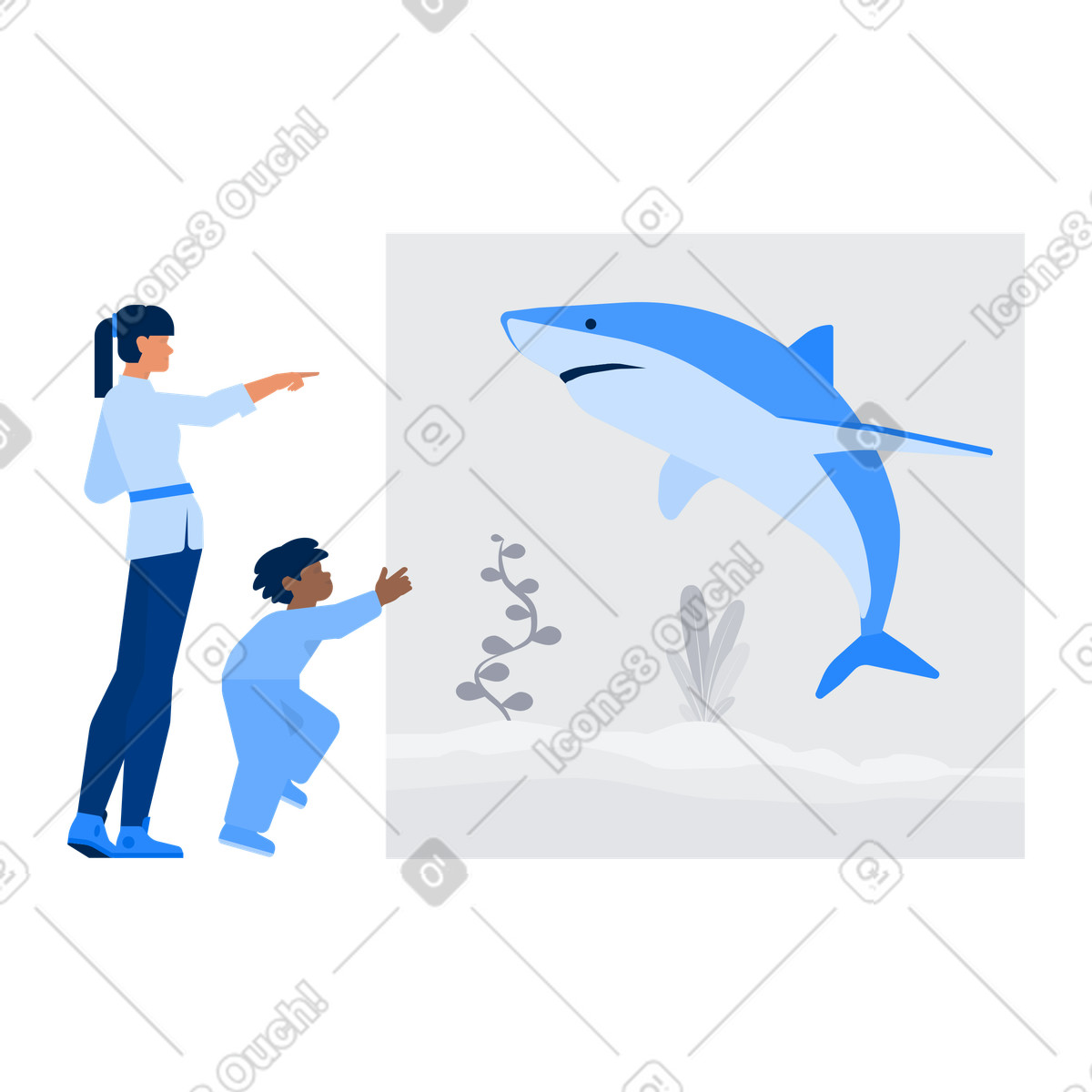 Illustration Femme et garçon regardant un requin dans aquarium le style Urban à télécharger aux formats PNG, SVG