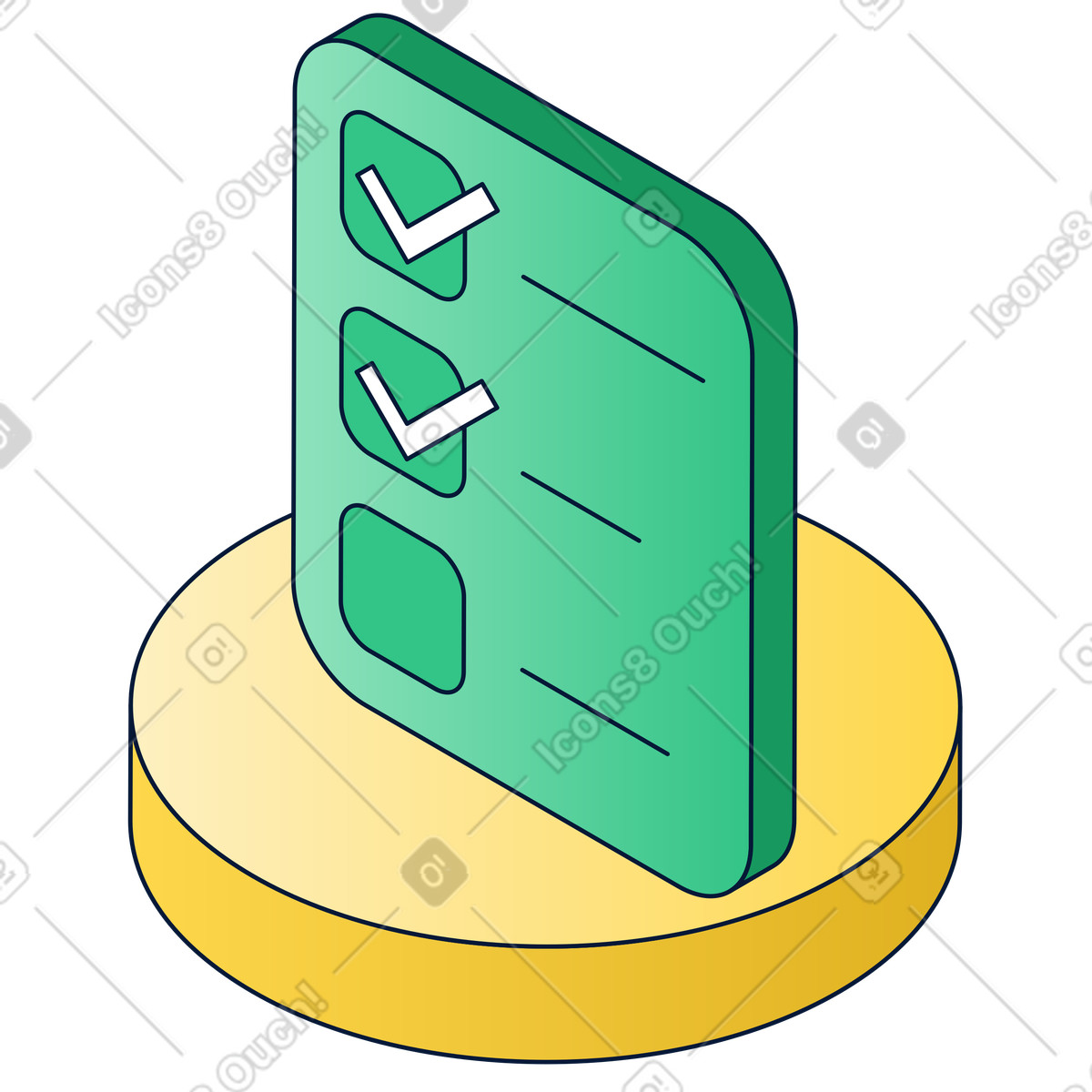 Illustration Marked checklist elevated on plinth, productivity and task organization dans le style Neat à télécharger aux formats PNG, SVG